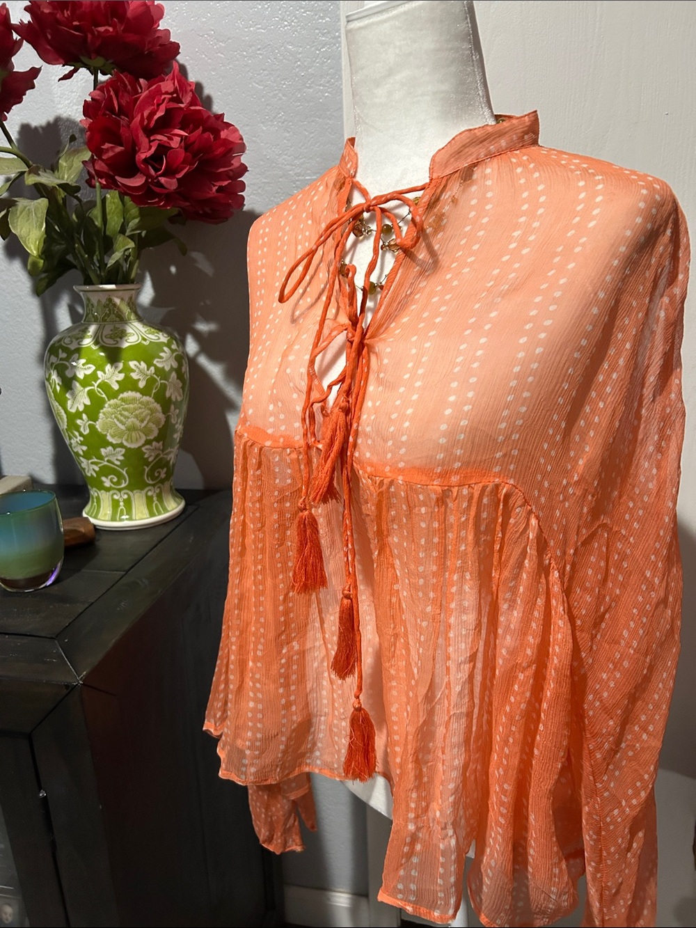 Boho Tie-Front Sheer Peasant Blouse in Coral Orange
